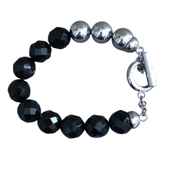 Silver Chrome & Jet Bead Retro Vibe Chunky Bracelet - Picture 1 of 3